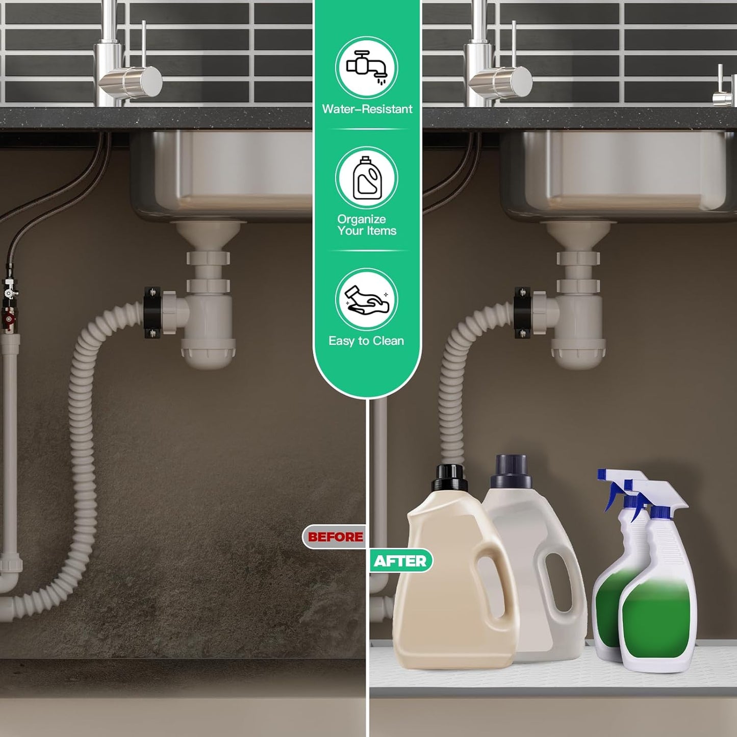 TRZZ Silicone Waterproof Under Sink Mat 34" x 19", Drip Tray and Cabinet Liner for Kitchen and Bathroom, Prevents Water Damage and Organizes Cabinets (Khaki)