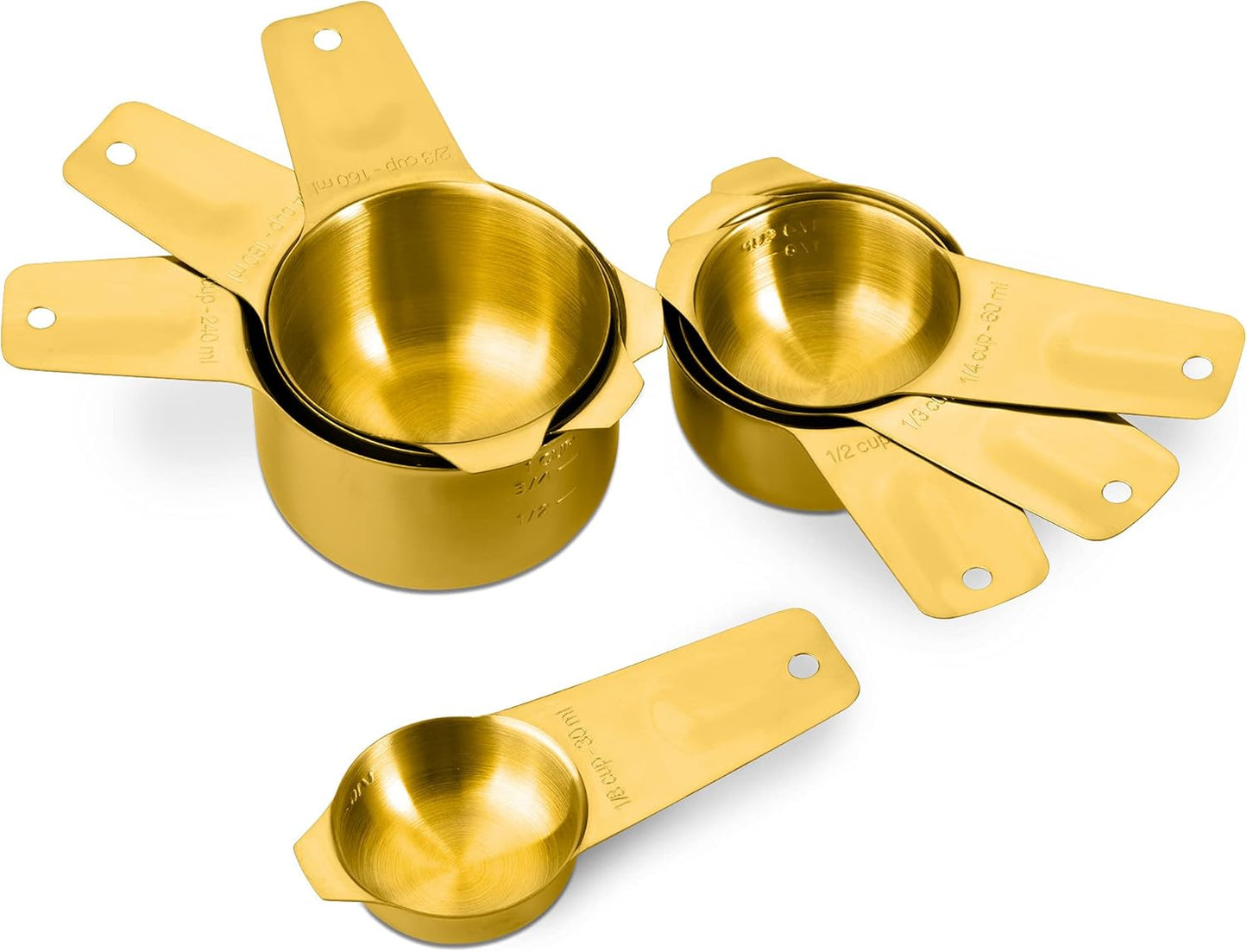 Set of 7 Heavy Duty Measuring Cups, 18/8 Stainless Steel with Ring Connector, Gold