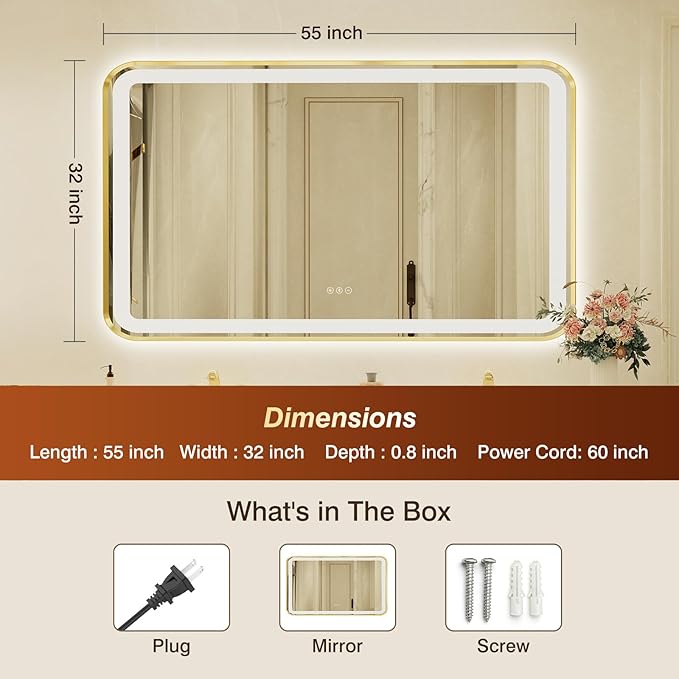 32x55 Inch Gold Framed LED Bathroom Mirror - Image 3