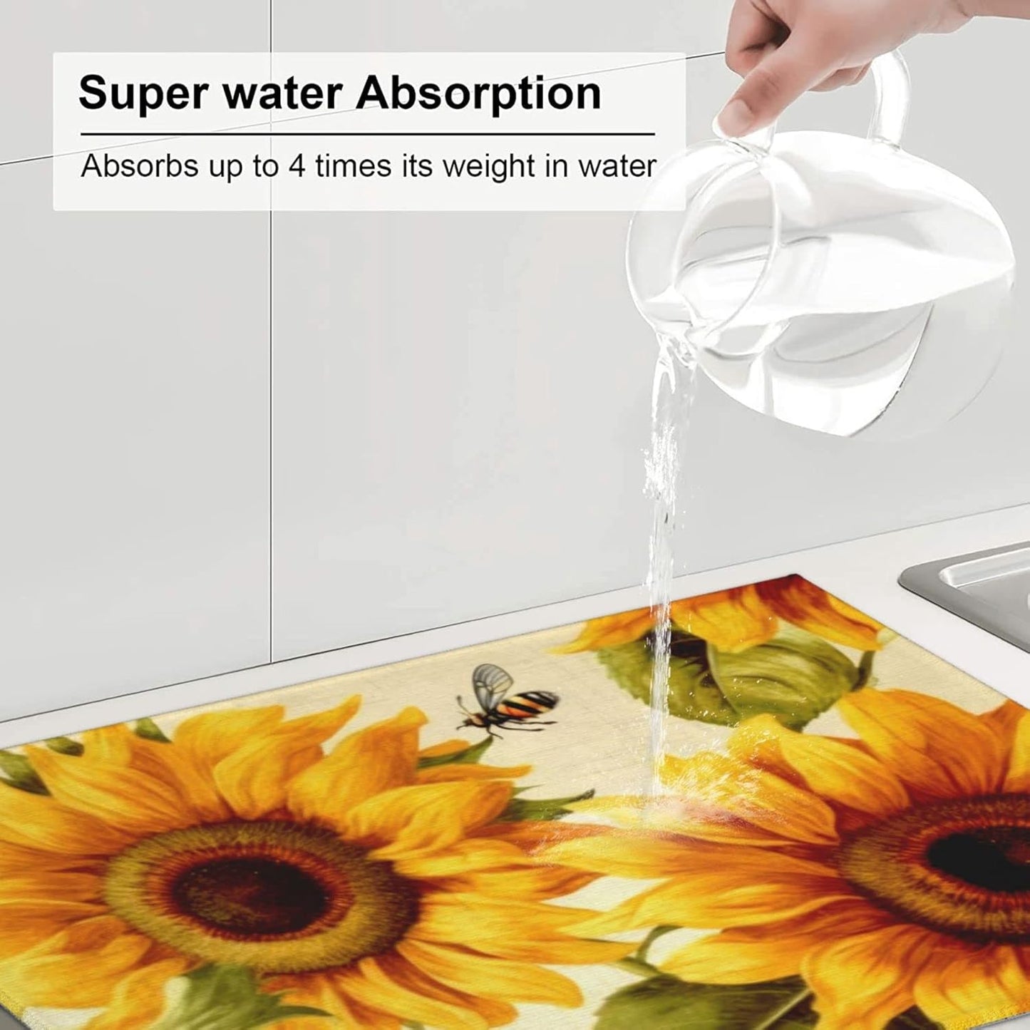 Sunflower Large Dish Drying Mats For Kitchen Counter Microfiber Kitchen Drying Mat XL Draining Pad Absorbent Quick Drying Dish Mat 18x24 Inch