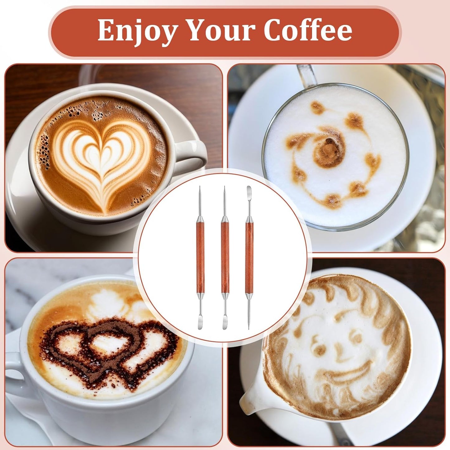 3PCS Latte Art Pen, Stainless Steel Dual-Ended Coffee Drawing Pen with Wood Handle Latte Art Tools Espresso Designs Barista Accessories Coffee Tool for Home Cafe Bar