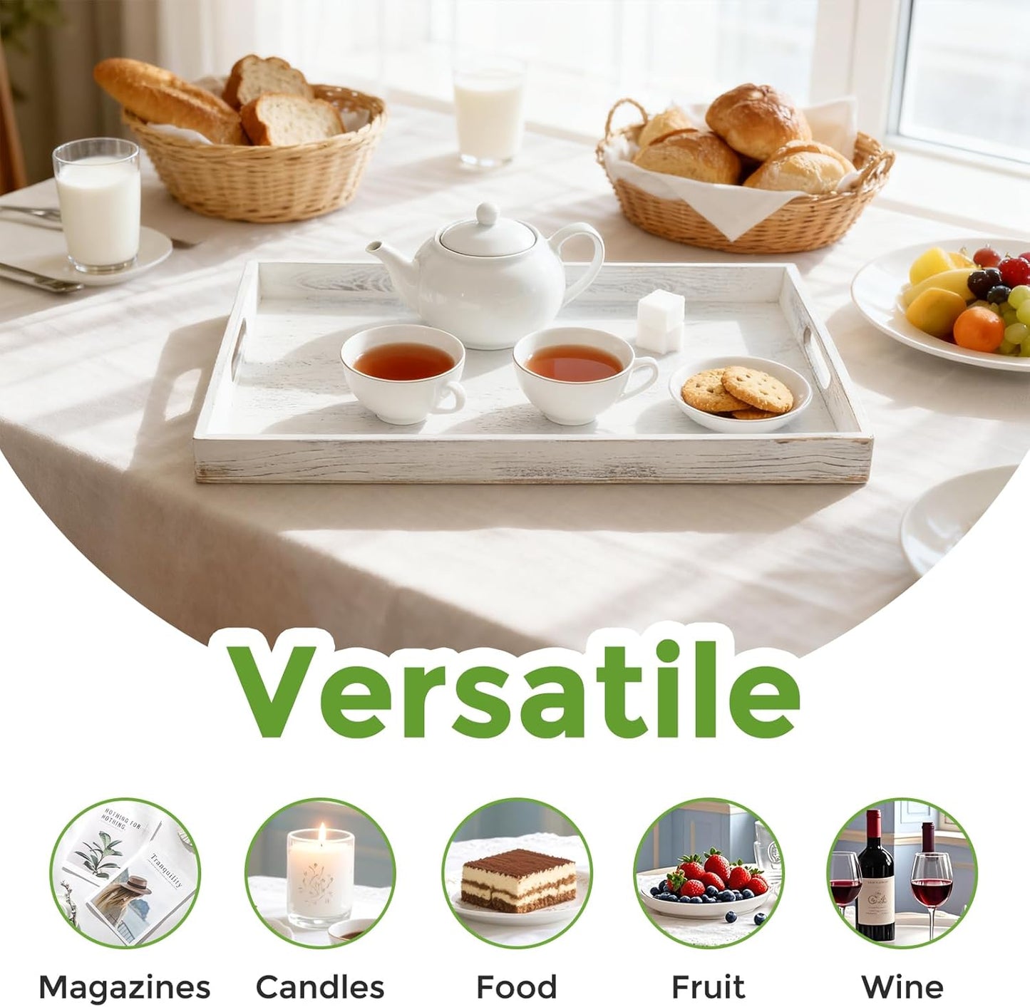 S310 Rustic White Wood Serving Tray with Handles, 17 Inch Wooden Tray for Ottoman, Breakfast, Lunch, Dinner, Decorative Rectangular Tray for Living Room, Kitchen Counter, Outdoor