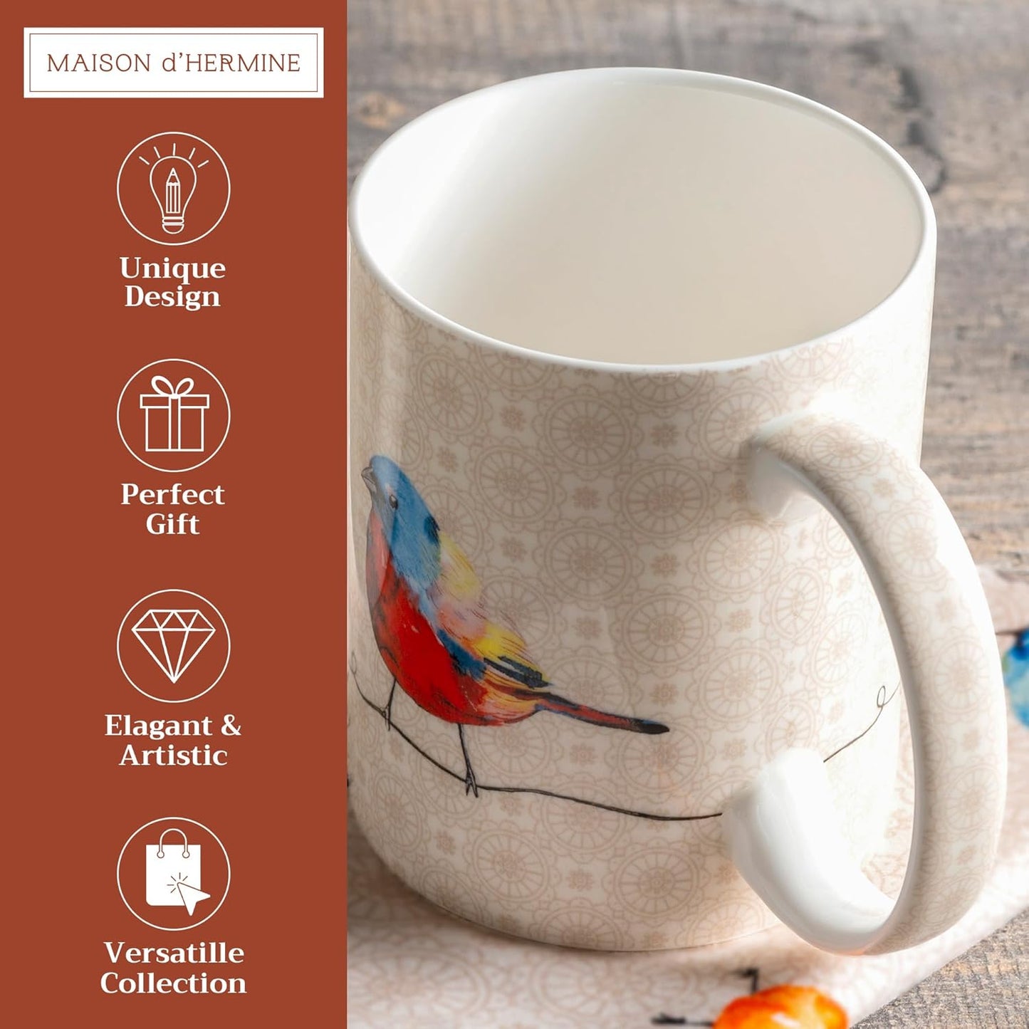 Maison d' Hermine Coffee Mug with Handles Fine Bone China Mugs Pack of One Tea Cups for Hot Beverages Cappuccino Latte Home Restaurant Office Perfect for Gift (Birdies On Wire - Robin, 15 Ounce)