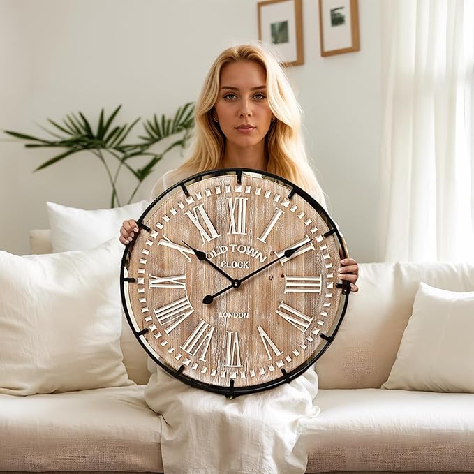 24 Inch Grand Farmhouse Wall Clock, Vintage-Inspired Wood & Metal Design - Image 2