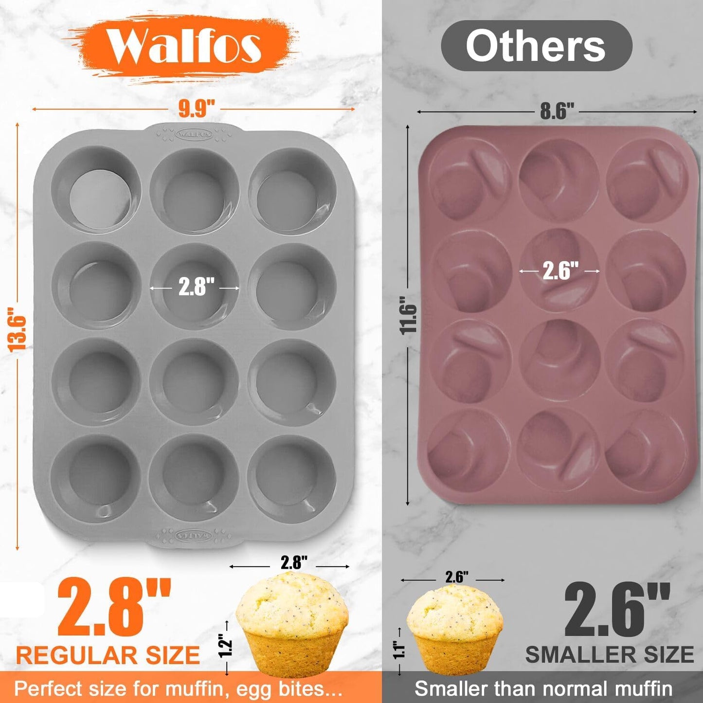 Walfos Silicone Muffin Pan with Metal Frame, 2.8 Inch Regular Size Silicone Cupcake Pan Muffin Tin, Non-Stick 12 Cups Egg Bites Molds for Baking 2 Pack, BPA Free, Dishwasher Safe