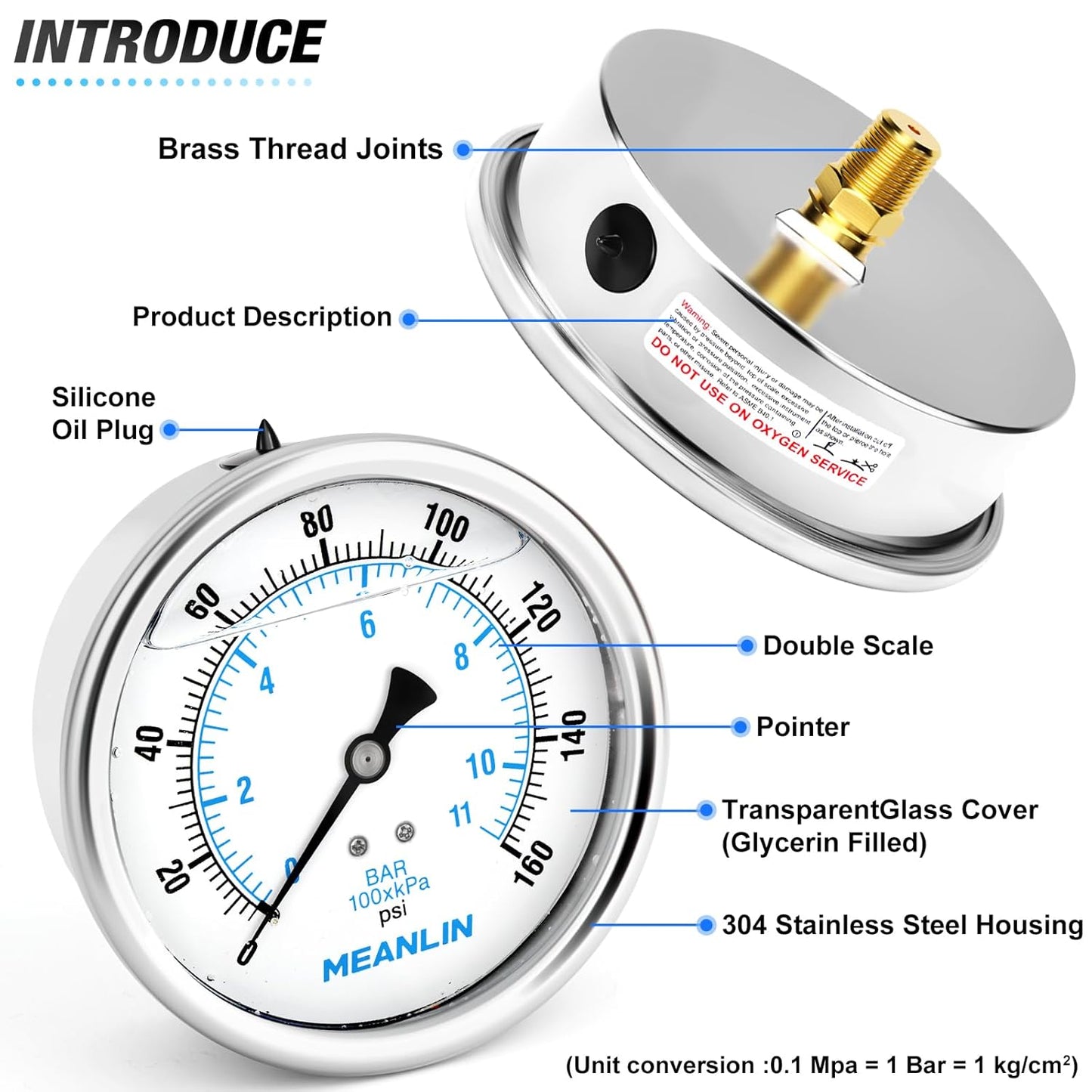 MEANLIN MEASURE 0~160Psi Stainless Steel 1/4" NPT 4" FACE DIAL Liquid Filled Pressure Gauge WOG Water Oil Air Back Mount, with 1/4" x 1/2" NPT and 1/4" x 3/8" NPT Hex Bushing