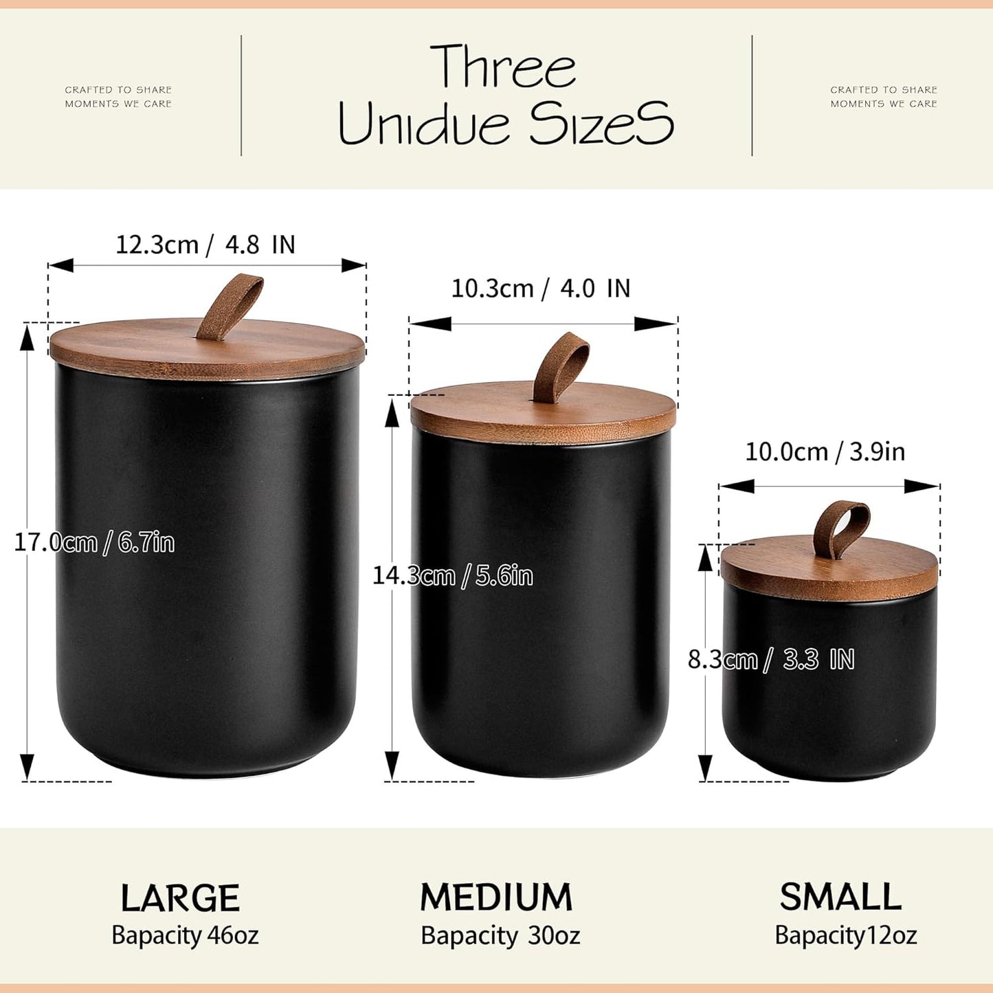 Black Ceramic Canister Set with Bamboo Lids, 3-Piece Airtight Food Storage Jars for Kitchen - Flour, Sugar, Coffee, Tea, Spice - Small, Medium, Large Sizes
