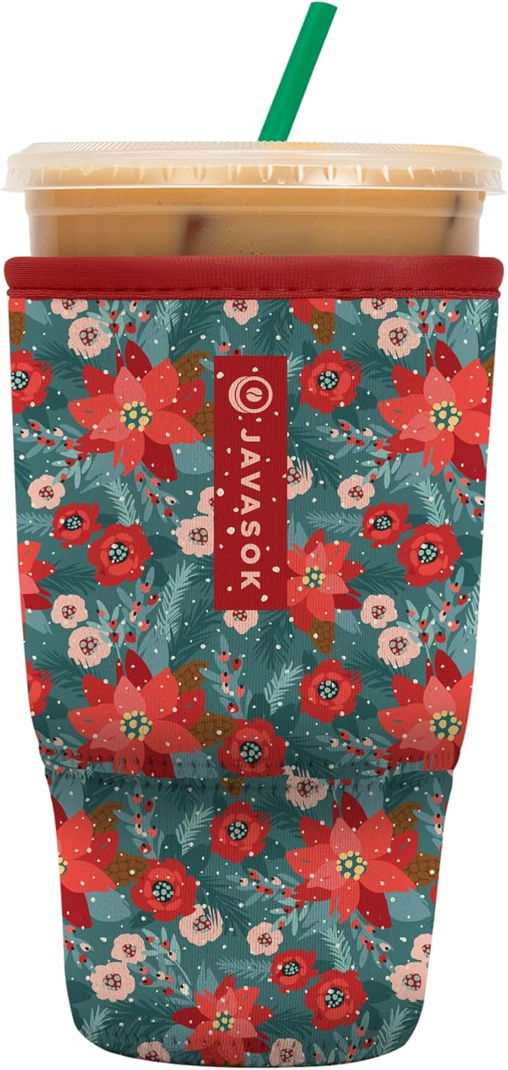 Sok It JavaSok Iced Coffee & Cold Soda Insulated Neoprene Cup Sleeve (Pastel Poinsettias, Large: 30-32oz)