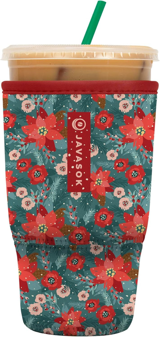 Sok It JavaSok Iced Coffee & Cold Soda Insulated Neoprene Cup Sleeve (Pastel Poinsettias, Large: 30-32oz)