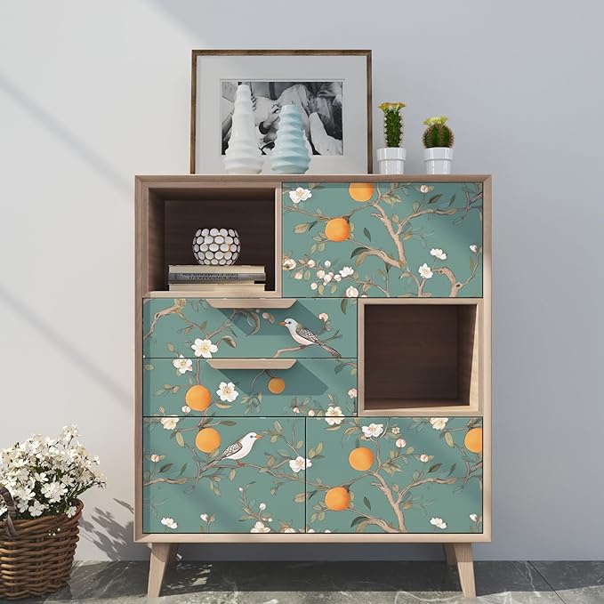 Green Floral Wallpaper Peel and Stick, Birds & Orange Fruits Contact Paper - Image 3