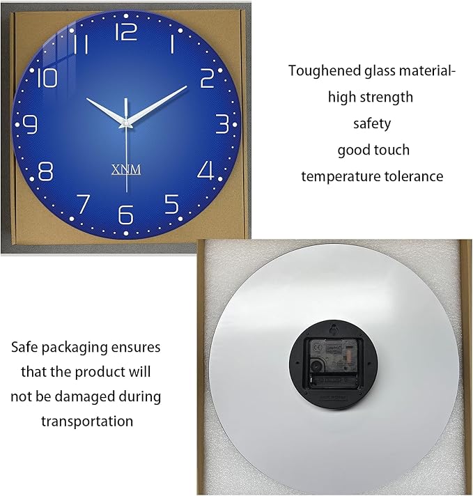 XNM Blue Simple Glass Wall Clocks Battery Operated 14 Inch Modren Minimalist - Image 6