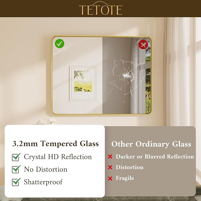 TETOTE 55 x 30 Inch Bathroom Mirror, Brushed Gold Metal Framed Wall Mounted - Image 4