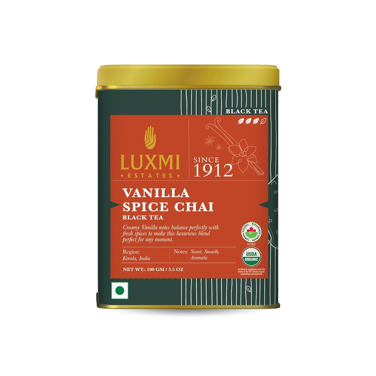 LUXMI Estates Vanilla Spice Chai 100Gm Loose Leaf Tin | Certified Organic Black Tea Leaf | Smooth, Flavorful, Robust, Caffeinated | Darjeeling & Assam Tea From India, 100 grams