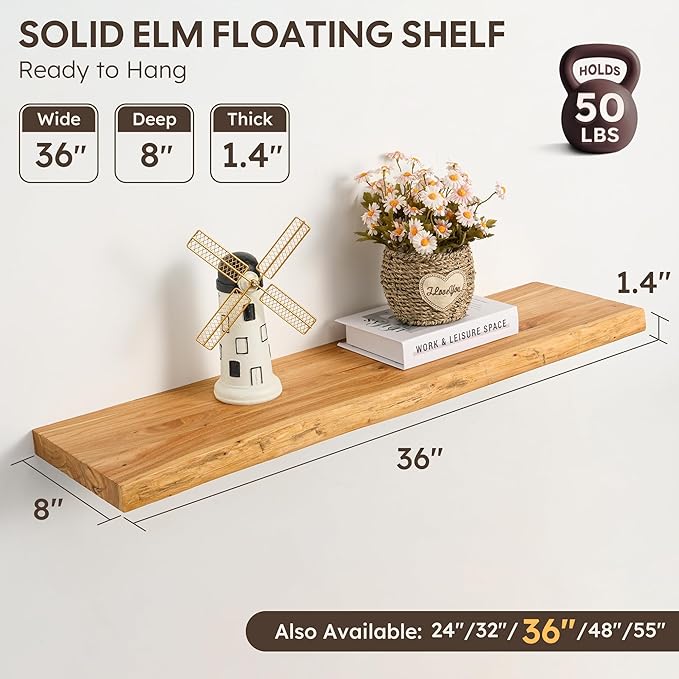 Floating Shelves Set of 2, Solid Elm Wood Wall Shelves 36 Inch - Image 3