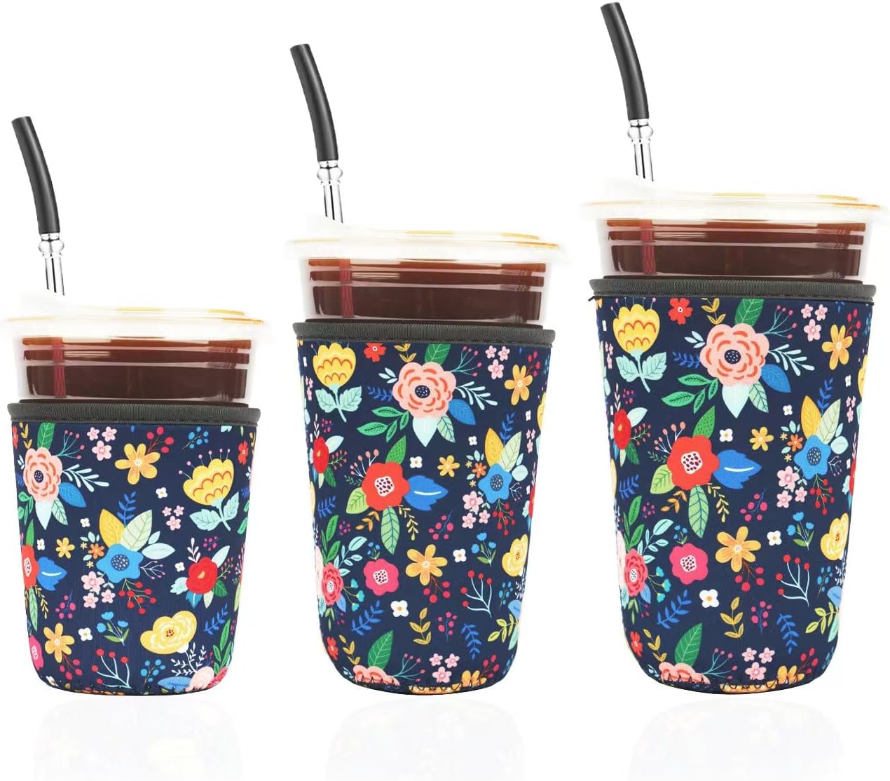 Reusable 3-Pack Iced Coffee Cup Sleeve, Insulated Neoprene, Beverage Holder for Iced Coffee, Durable Drink Sleeve for Cold Beverages, Lunar Garden