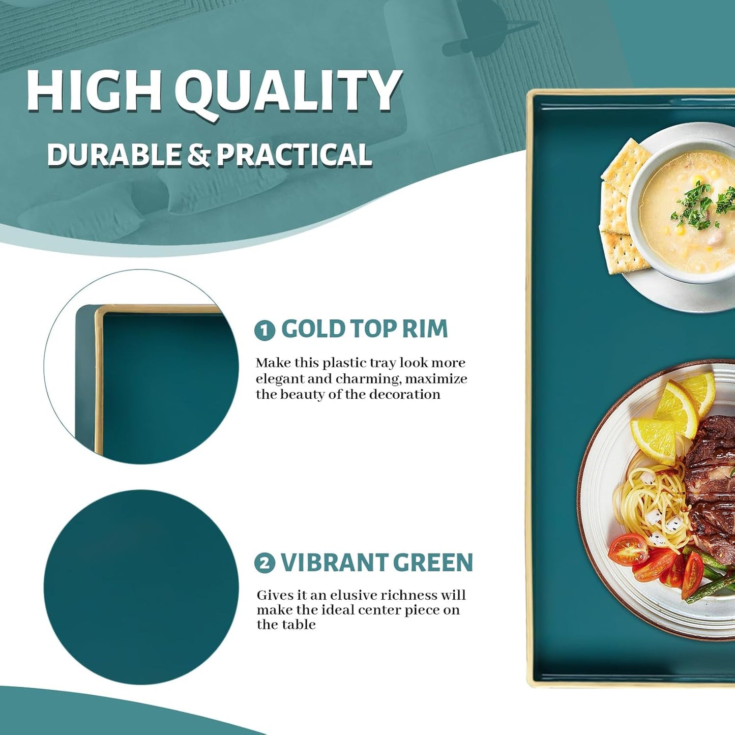 MAONAME Teal Serving Tray with Handles, Modern Decorative Tray for Coffee Table, Plastic Rectangular Trays for Ottoman, Bathroom, Decor, 15.8” x 10.2” x1.4