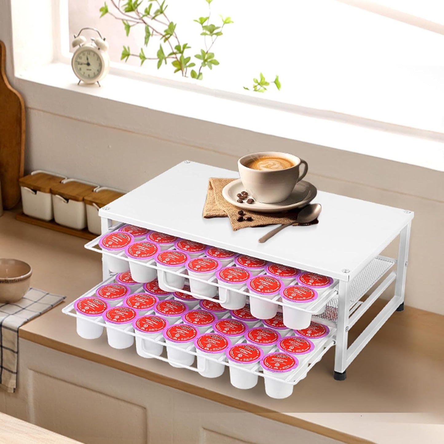 K Cup Holder Organizer for 70 Pods, 2-Tier Coffee Pod Holder for K-Cup with 2 Sliding Storage Drawers, Coffee Station Bar Organizer Accessories for Kitchen Countertop Home Office, White