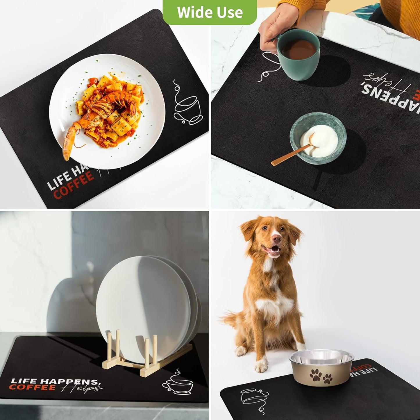 Matace Designer Coffee Bar Mat, Large 16 x 24 Inches, Rubber Backing, Absorbent Coffee Maker Mats for Dish Drying, Kitchen Countertop, Life Happens Coffee Helps, Black