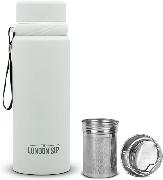 London Sip 25 oz Multi-Purpose Tea Infuser Mug – Fruit Infuser Water Bottle for Hot and Cold – Double Wall Stainless Steel Insulated, Pearl White