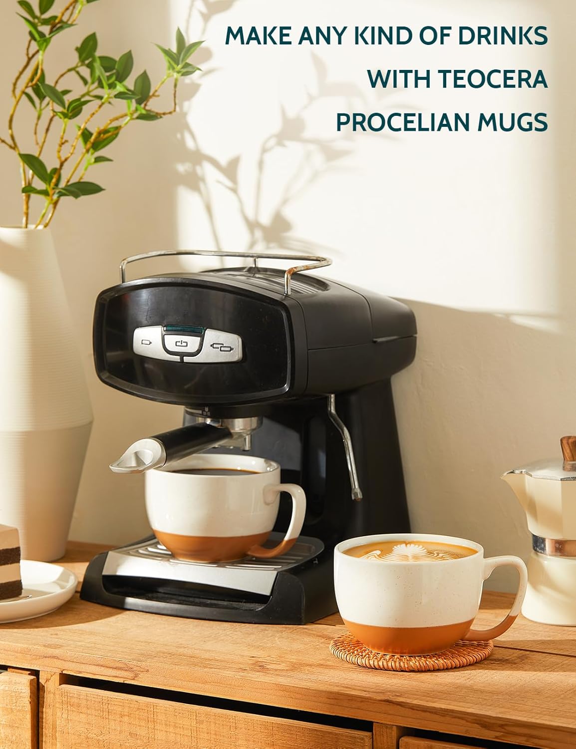 Teocera Beige Coffee Mugs Set of 4, 16 oz Ceramic Coffee Mug, Large Mug Set with Handle for Cold or Hot Drinks like Cocoa, Latte, Milk, Cereal, Durable Porcelain with Nordic Style