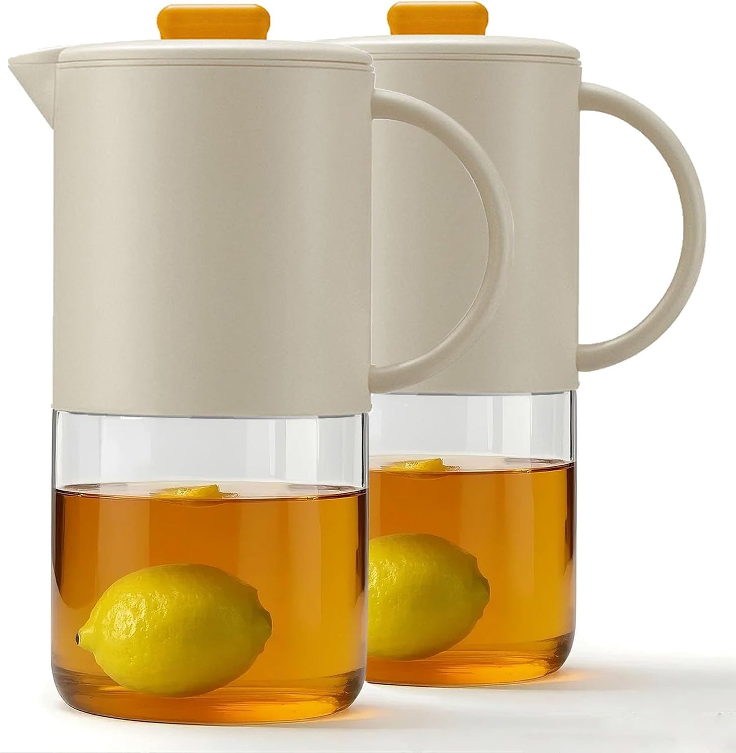 Delove Borosilicate Glass Pitcher with Lid & Auto Spout – Shatterproof Plastic Shell, Wide Mouth Design – 62 oz (1.9 Quart) Jug for Boiling Water, Iced Tea, Juice & Cold Brew Coffee (2, Beige)