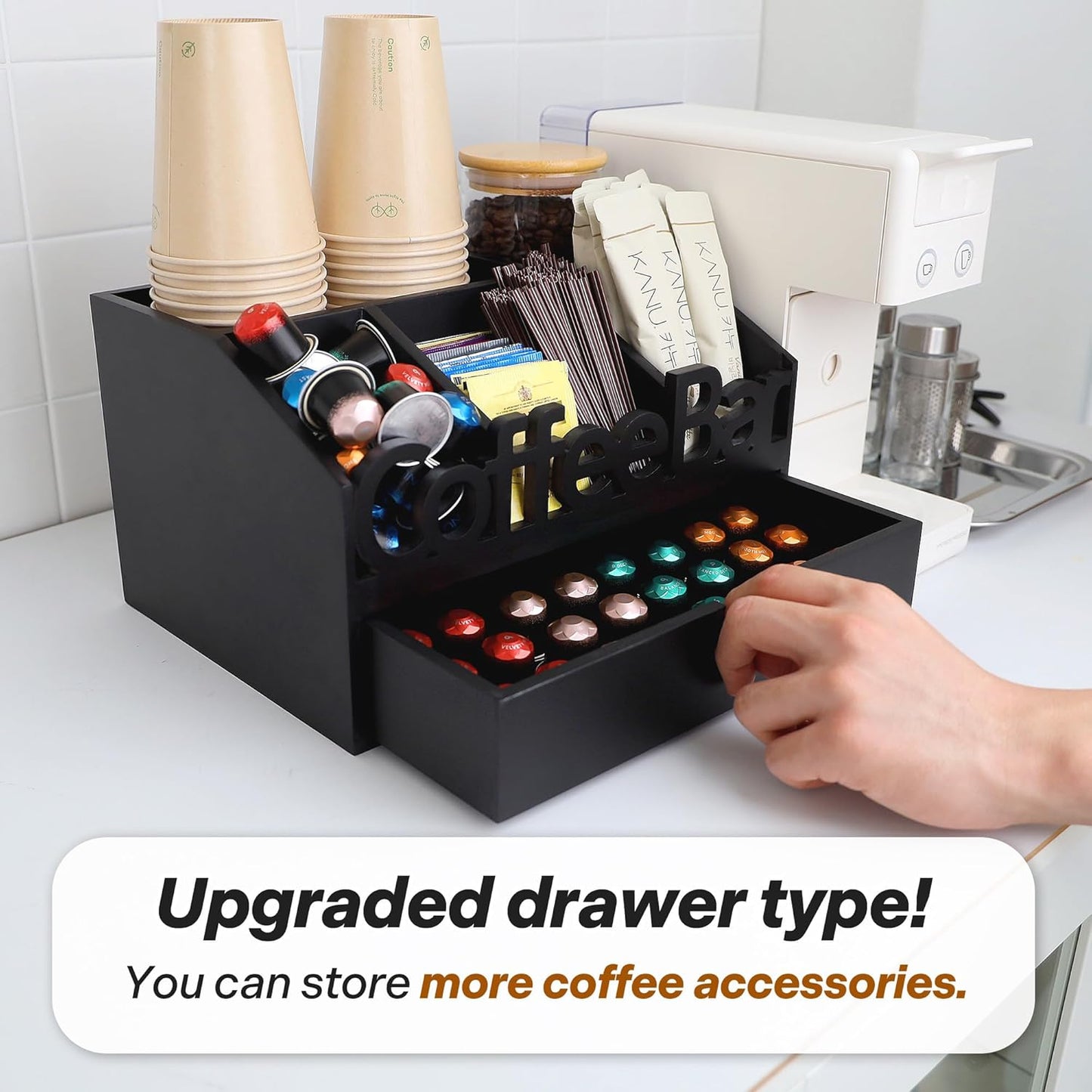 Coffee Bar Organizer for Countertop - Wooden Coffee Organizer Station, Coffee Station Organizer for Home & Office, K Cup Stand for Counter, Coffee and Tea Organizer - Black Drawer Type