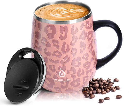 Ideus 16 oz (470 ml) Insulated Coffee Mug with Handle and Lid, Double Wall Stainless Steel Vacuum Thermal Coffee Mug, Travel Coffee Cup Thermal Cup for Home and Office, Leopard Pink