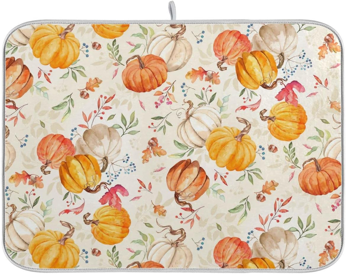 Autumn Fall Dish Drying Mat for Kitchen Counter Watercolor Pumpkin Maple Leaf Drying Mat 18 x 24 Inch with Absorbent Reversible Microfiber Dish Drying Pad Dish Rack Drainer Mats for Coffee Bar