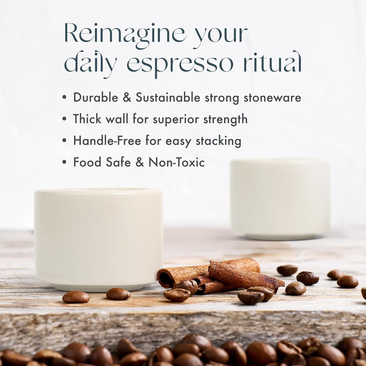 Folk Ceramics Leonard Ceramic Espresso Cups | Modern Stackable Demitasse Mugs for Espresso | Thick Walled, Handleless, Durable, Dishwasher & Microwave Safe | Set of 2, 3oz | Fog Grey