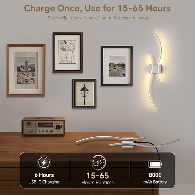 Battery Operated Wall Sconce Set of 2, Dimmable Modern LED Rechargeable Wall - Image 5