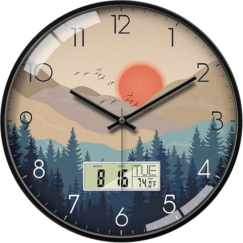 14" Silent Non-Ticking Wall Clock, Mid-Century Modern Wilderness Sunset by SCOAGE