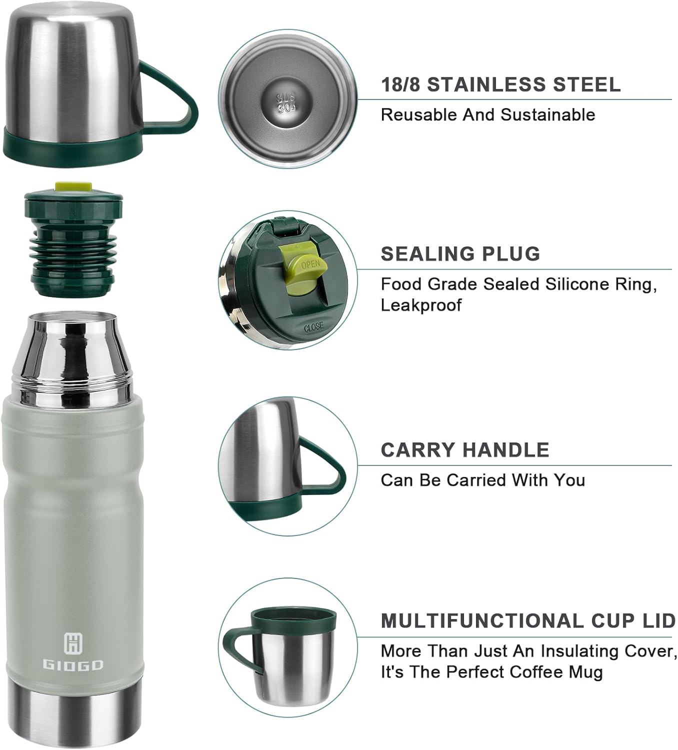 Vacuum Insulated Water Bottle Thermo Water Flask with Cup 680ml/23oz Stainless Steel Thermal Water Bottles Thermo for Hot and Cold Drinks Coffee Water(Light Gray,Set)