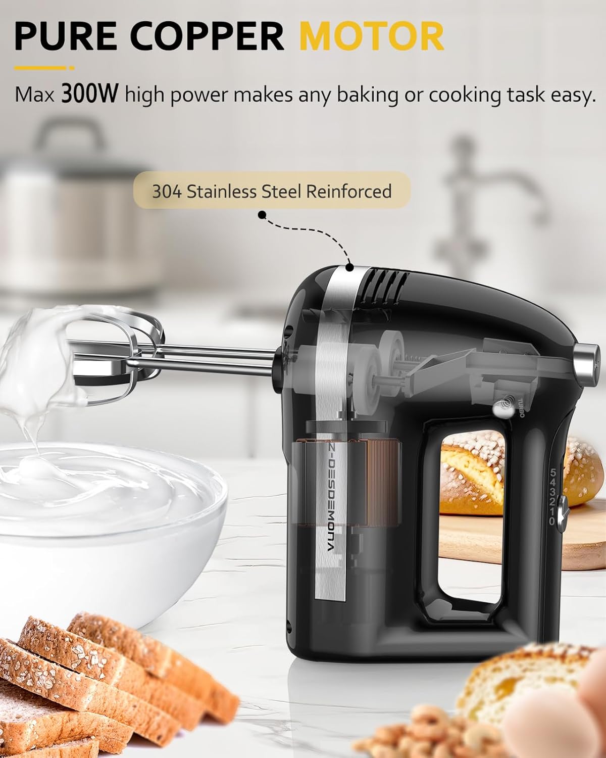 Electric Hand Mixer, Powerful 300W Hand Mixer Electric Handheld with 304 Beaters, Dough Hook,Hand Held Mixer with Turbo for Baking Cakes, Eggs, Cream Food(Black)
