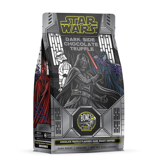 Bones Coffee Company Star Wars Dark Side, Chocolate Truffle Flavored Coffee, Medium Roast Low Acid Arabica Beans Compatible with Auto drip and French Press Coffee Maker, 12 Oz Ground