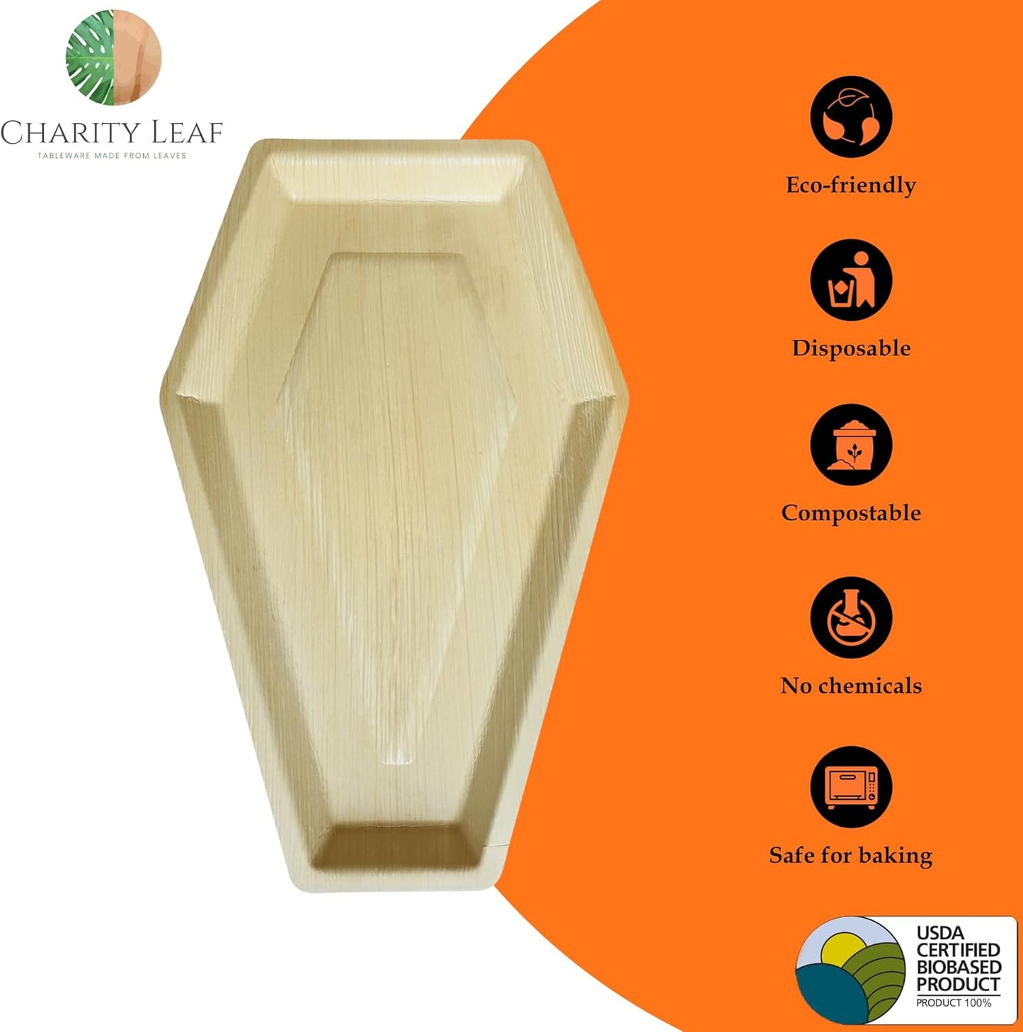 Charity Leaf Disposable Palm Leaf 17"x11" Coffin Trays (5 Pieces) Bamboo Like Serving Platters, Disposable Boards, Eco-Friendly Dinnerware for Halloween, Weddings, Catering, Events