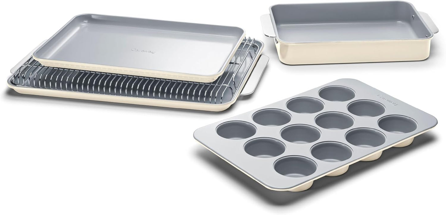 Caraway Nonstick Ceramic Bakeware Set (5 Pieces) - Baking Sheets, Assorted Baking Pans & Storage - Aluminized Steel Body - Non Toxic, PTFE & PFOA Free - Cream