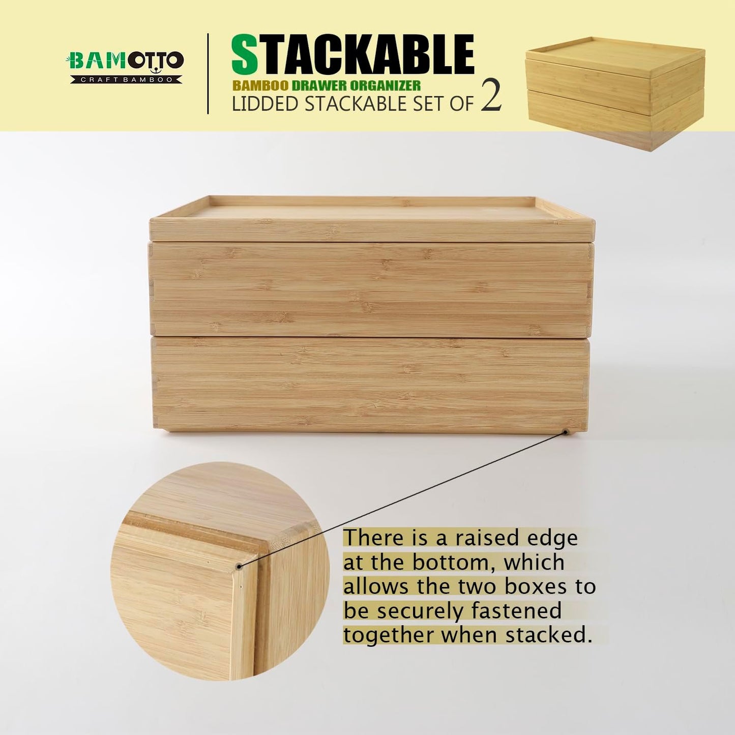 Stackable Bamboo Drawer Organizer Set – 2 Boxes with 1 Lid | Wood-Laminated Trays for Kitchen Utensils, Silverware & Flatware – Fits Cabinets, Pantry, Bathroom & Office | 14.6"x10.2" (2-Pack)