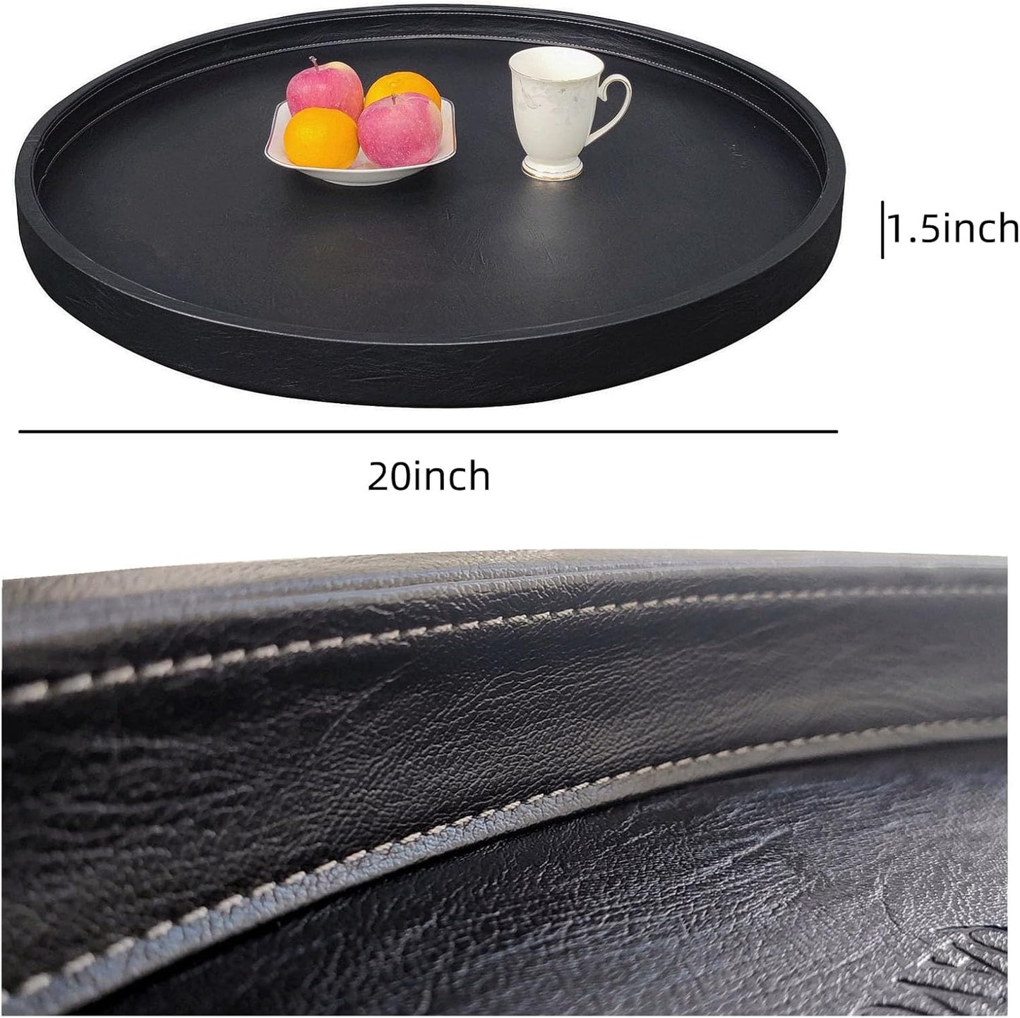 20 * 20 inches high-end Light Luxury Leather Round Oversized Service Tray, Ottoman Tray，Coffee Tray, Food Tray, Family Dinner, Out-of-House Picnic, Party Essential Tray (20 inch Black)