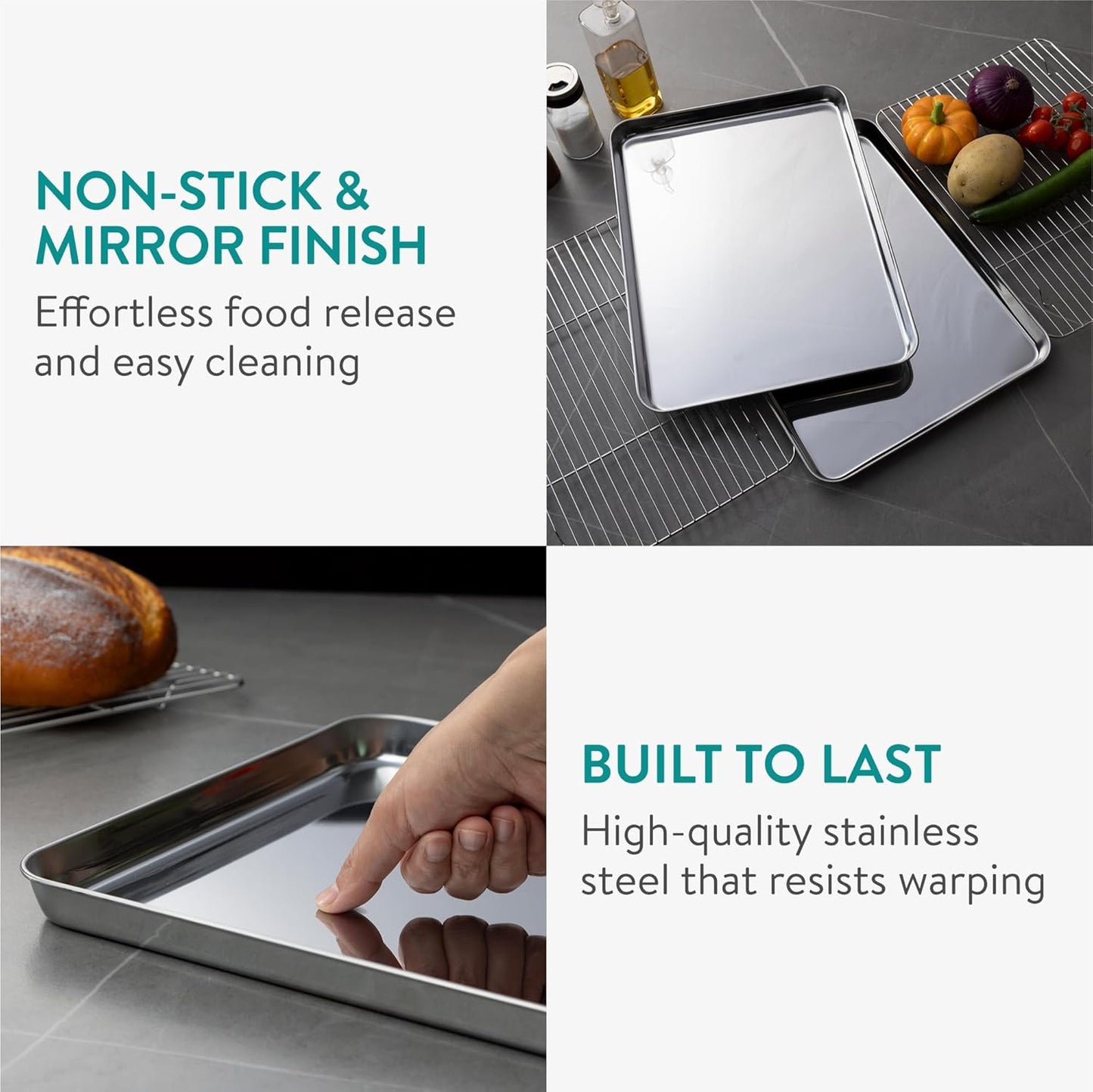 Navaris Half Sheet Baking Pan Breading Trays w Racks - Stainless Steel Baking Sheet with Wire Rack Insert for Oven Cooking - Cookie Bacon Tray - Set of 4 15.7x11.8 (40x30cm)