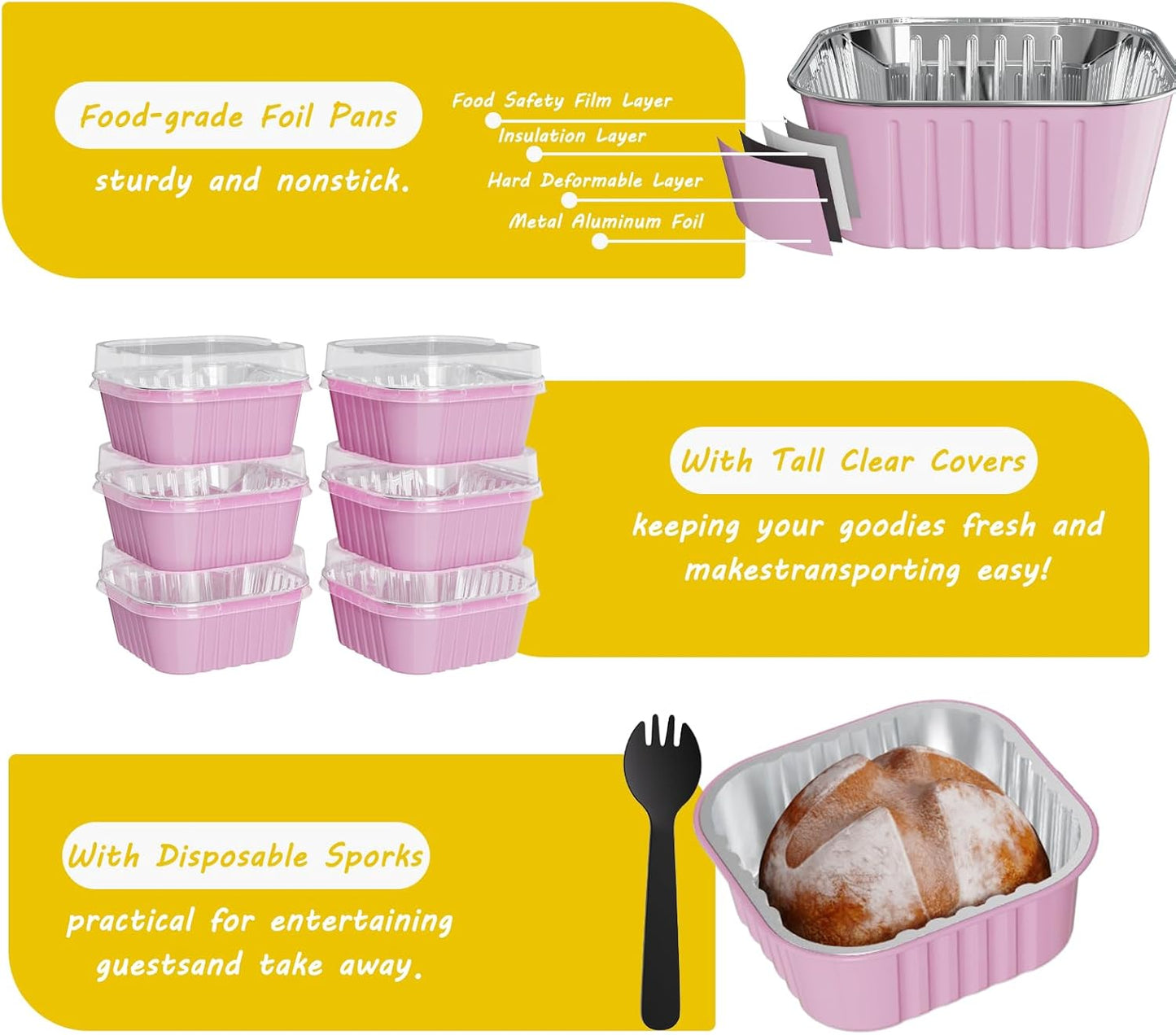 50 Pack Square Mini Cake Pans with Lids,Mini Loaf Pans with Lids,Aluminum Foil Baking Cups,Disposable Ramekins Cupcake Cups,Dessert Cups for Wedding Birthday Party Picnics,5oz (Pink)