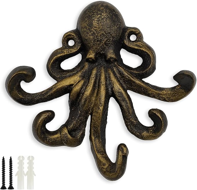 Octopus Cast Iron Wall Hook – Nautical Decorative Key Holder, Coastal Ocean by HERNGEE