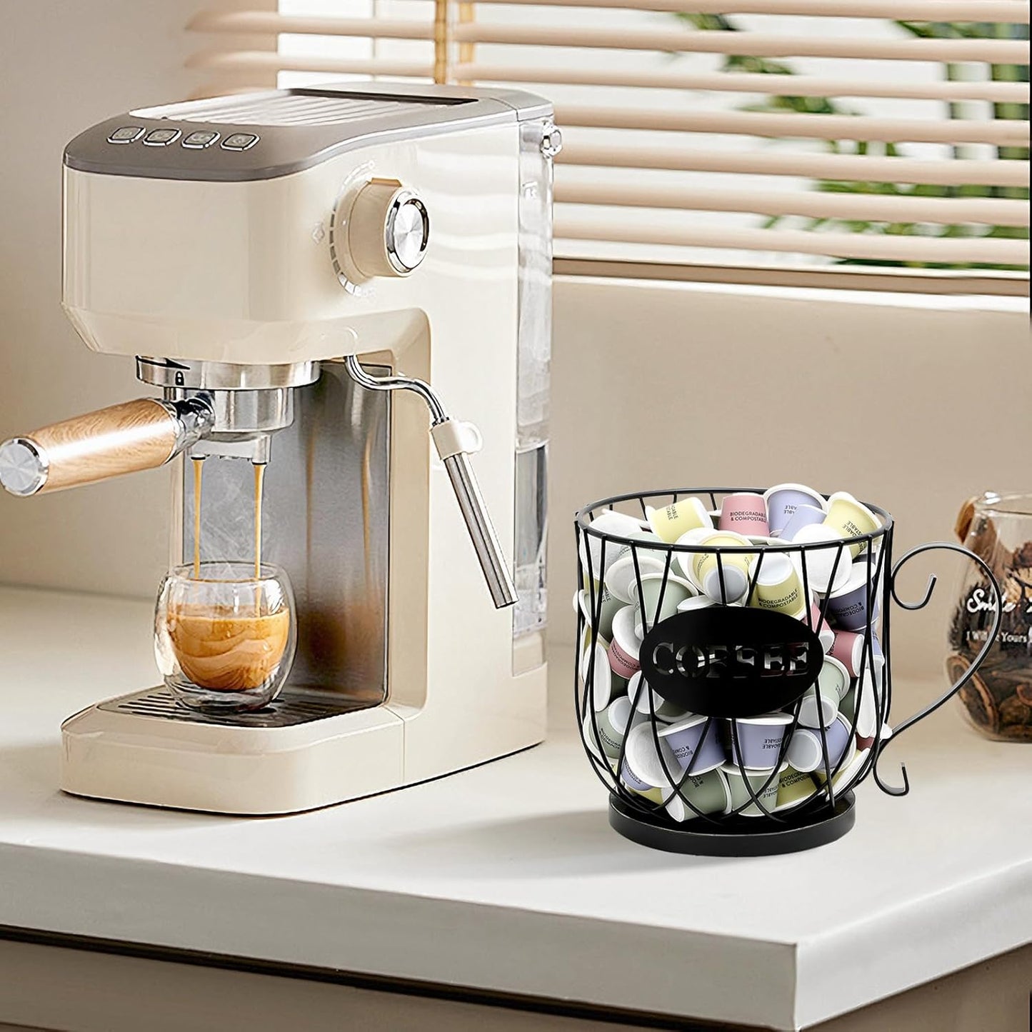 Coffee Pod Holder Organizer, Large Capacity K Cup Holder Organizer, Storage Basket for Kitchen Countertop Office Coffee Bar with Wooden Base(Rustic Black-Round)