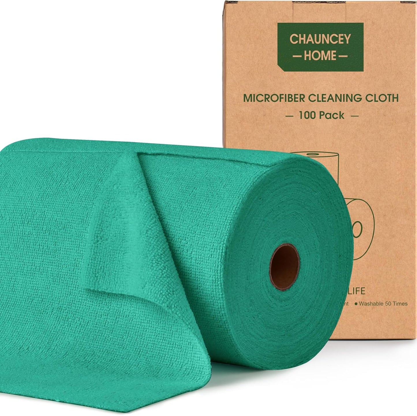 Roll of Microfiber Cleaning Cloth –100 Pack, Tear Away Microfiber Towels, Reusable, Washable, Scratch-Free, Cleaning Supplies,Kitchen Towels for Car, Home, Kitchen (Malachite Green)