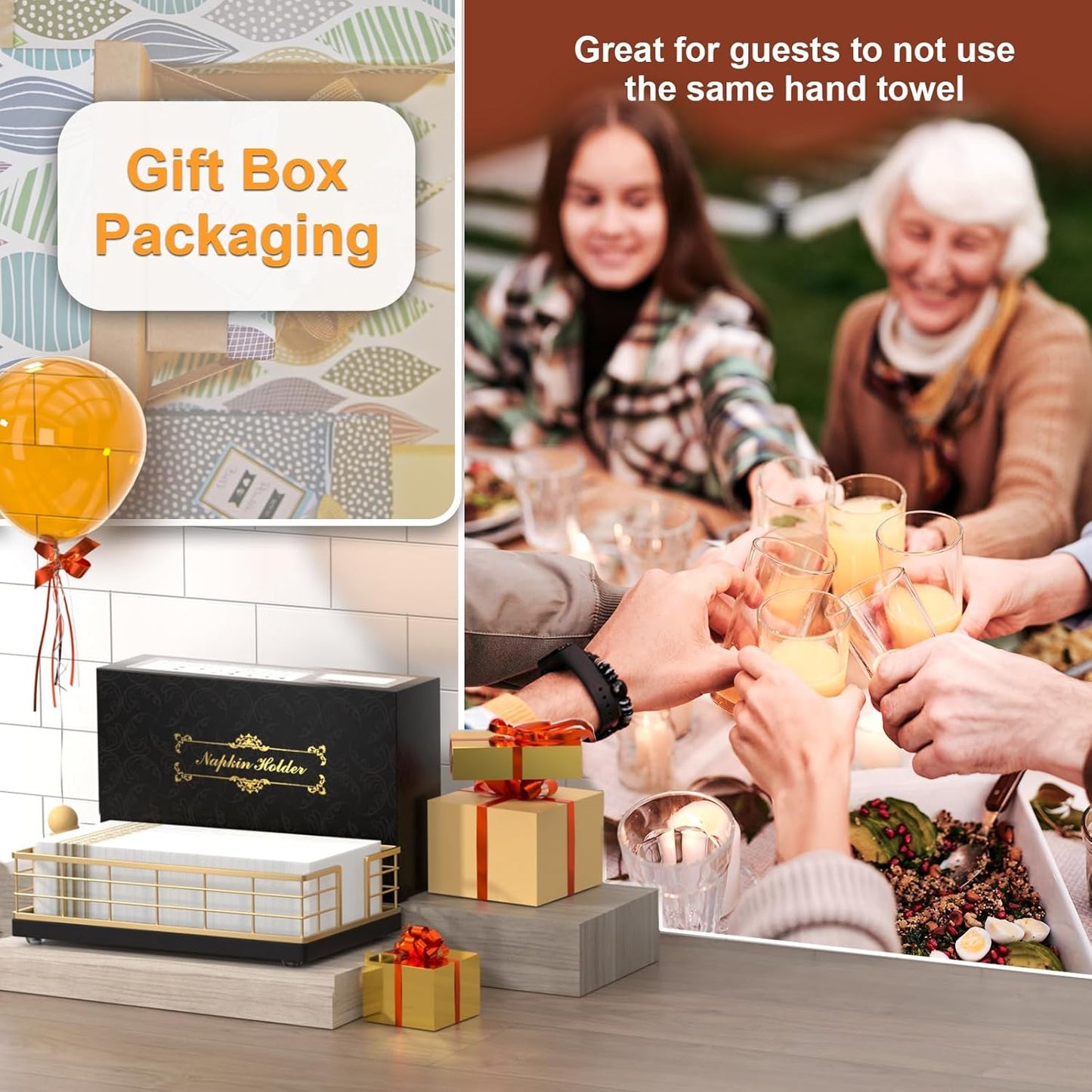 Wican Guest Towel Holder Tray for Bathroom, Oak and Iron Napkins Holder for Powder Room Dinning Table Wooden Basket for Disposable Paper Hand Towels Gold and Black