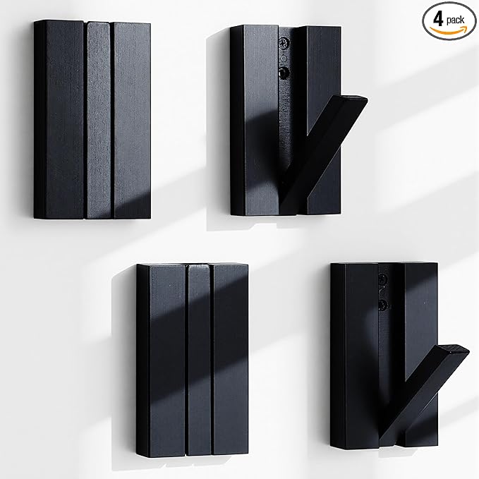 Folding Wall Hooks 4Pack: Black Modern Wooden Coat Hooks Mount by KYIAANY