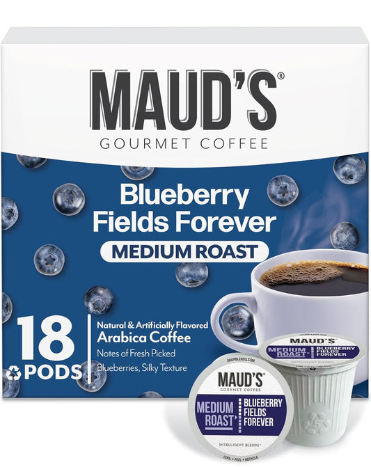 Maud's Blueberry Flavored Coffee Pods, 18 ct, Medium Roast Flavored Coffee in Recyclable Single Serve Pods – 100% Arabica Beans, Compatible with Keurig K Cups Maker