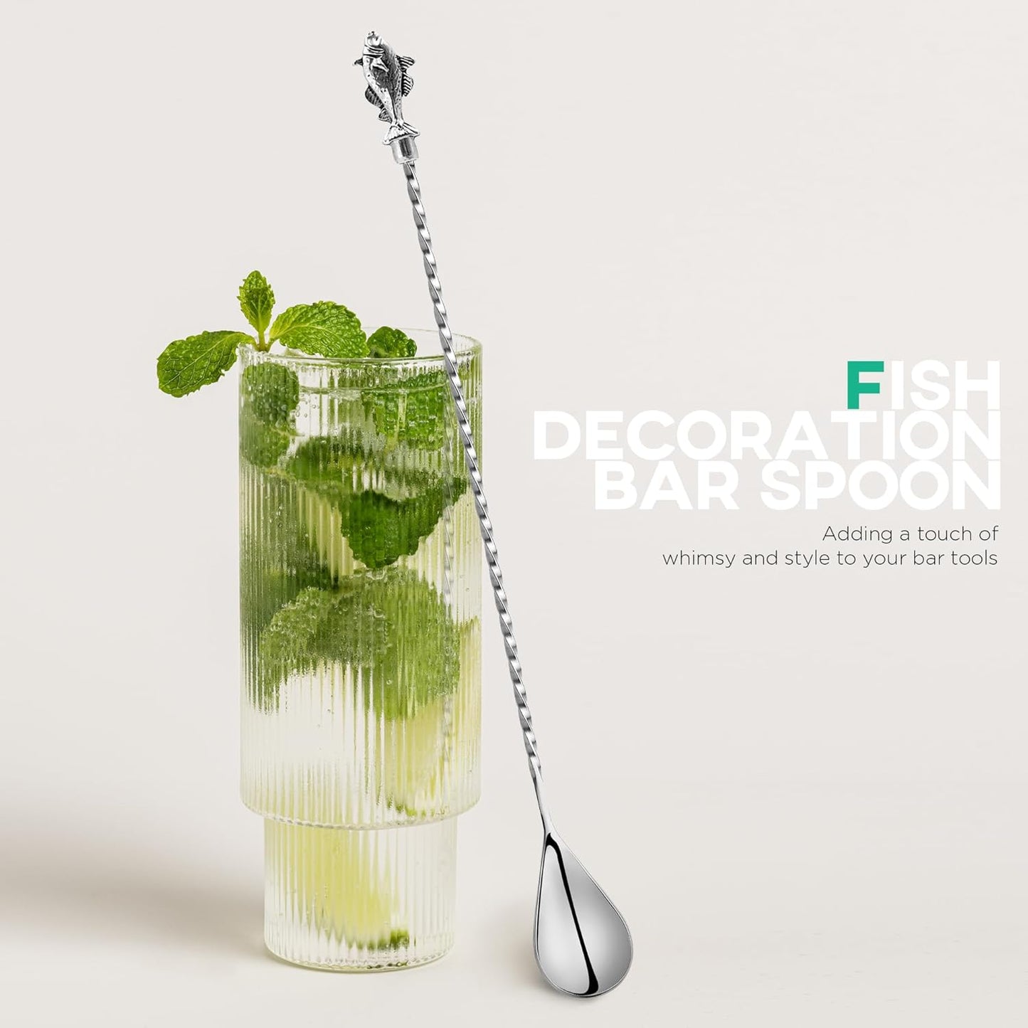 Homestia Bar Spoon, 12'' Stainless Steel Cocktail Mixing Spoon, Cocktail Mixing Stirrers for Drink, Tea, Coffee, Milkshakes, Long Handle Spiral Design with Weighted Turtle Fish End (Set of 2)