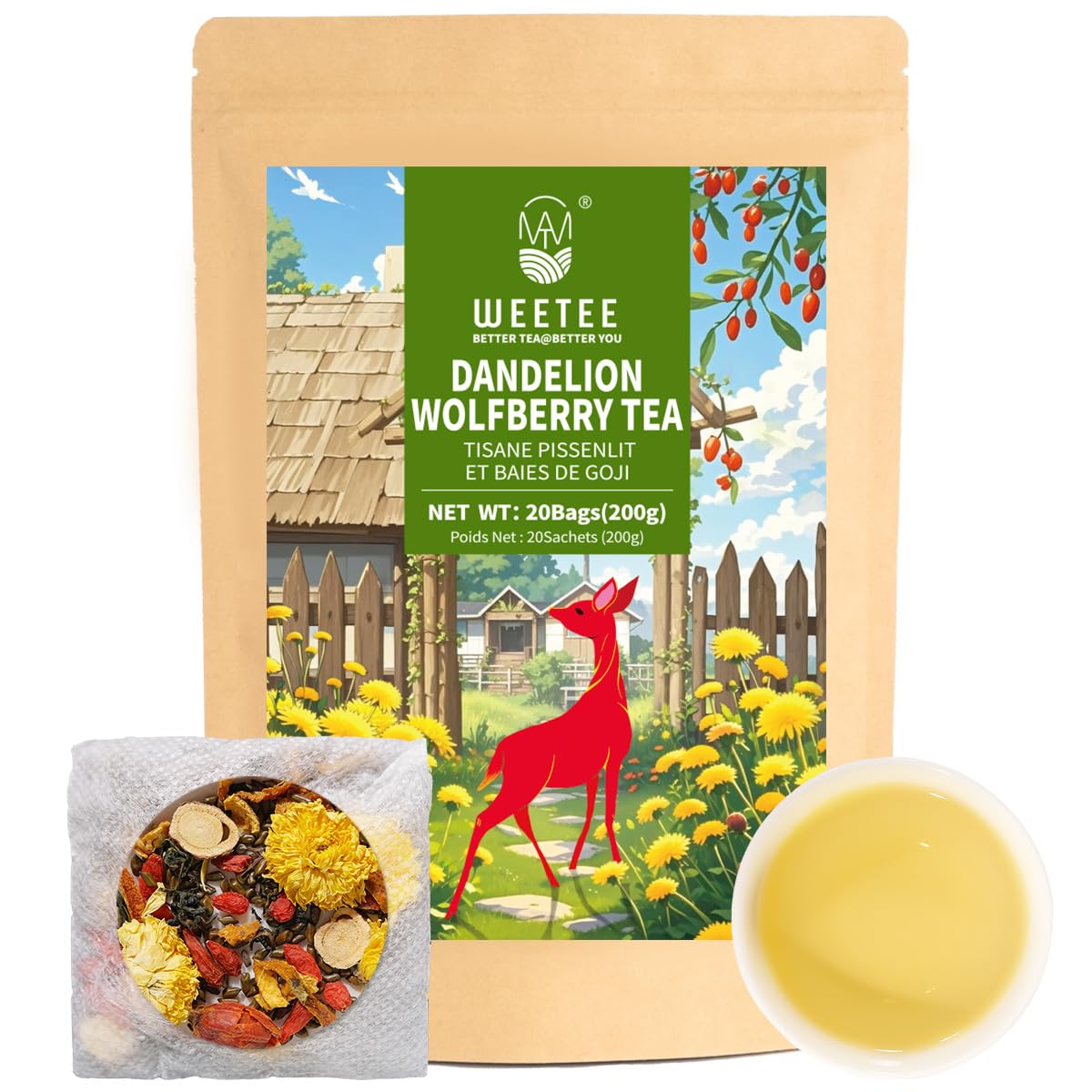 WT WEETEE Dandelion Wolfberry Tea, 10g * 20 Count Corn Firbe Tea Bags, Multiple Brewing, Made from Goji Berry Chrysanthemum Cassia Seed 7 Natural Herbal Ingredients, Wolfberry & Dandelion Herbal Tea