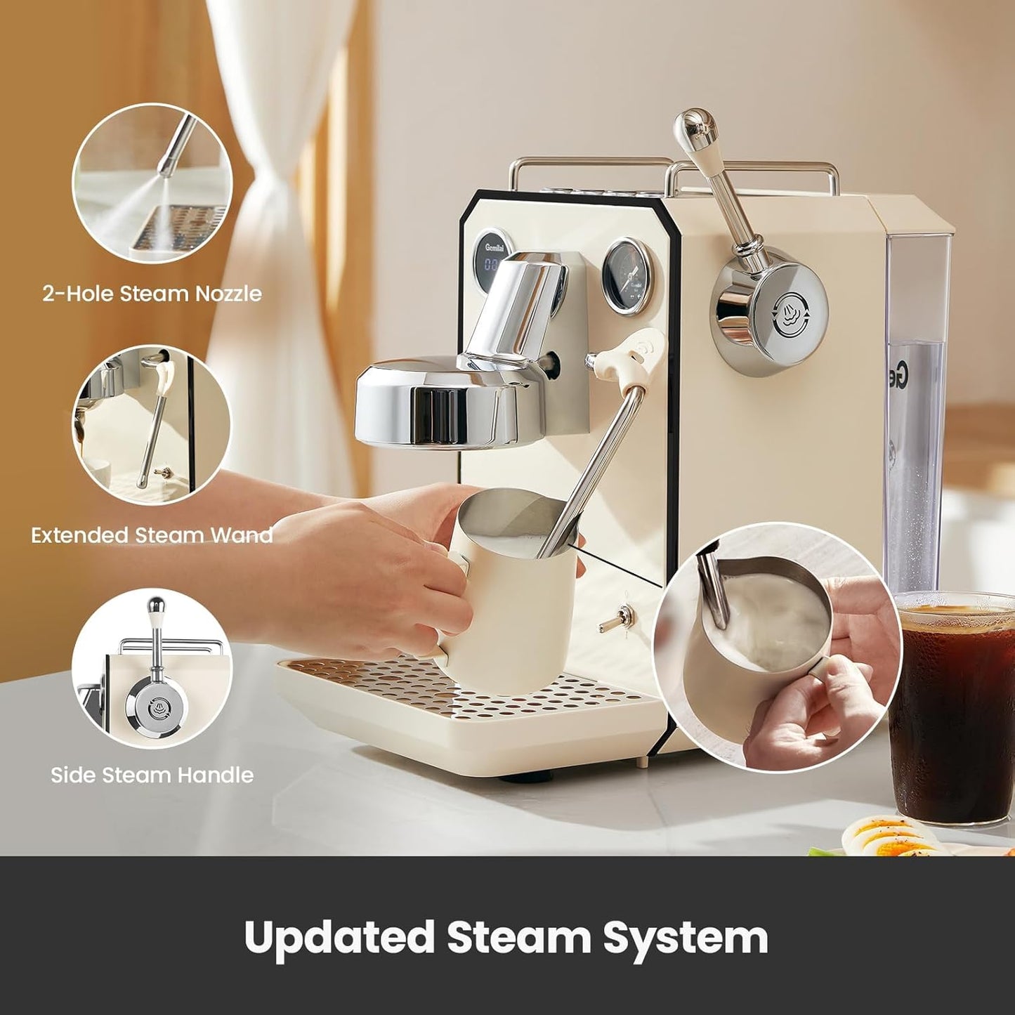 Owl Espresso Machine, 15 Bar Professional Semi-Automatic Espresso Maker with Milk Frother Steam Wand, 57oz Removable Water Tank, Dual Display, for Cappuccino, Latte at home, G3006, Ivory White