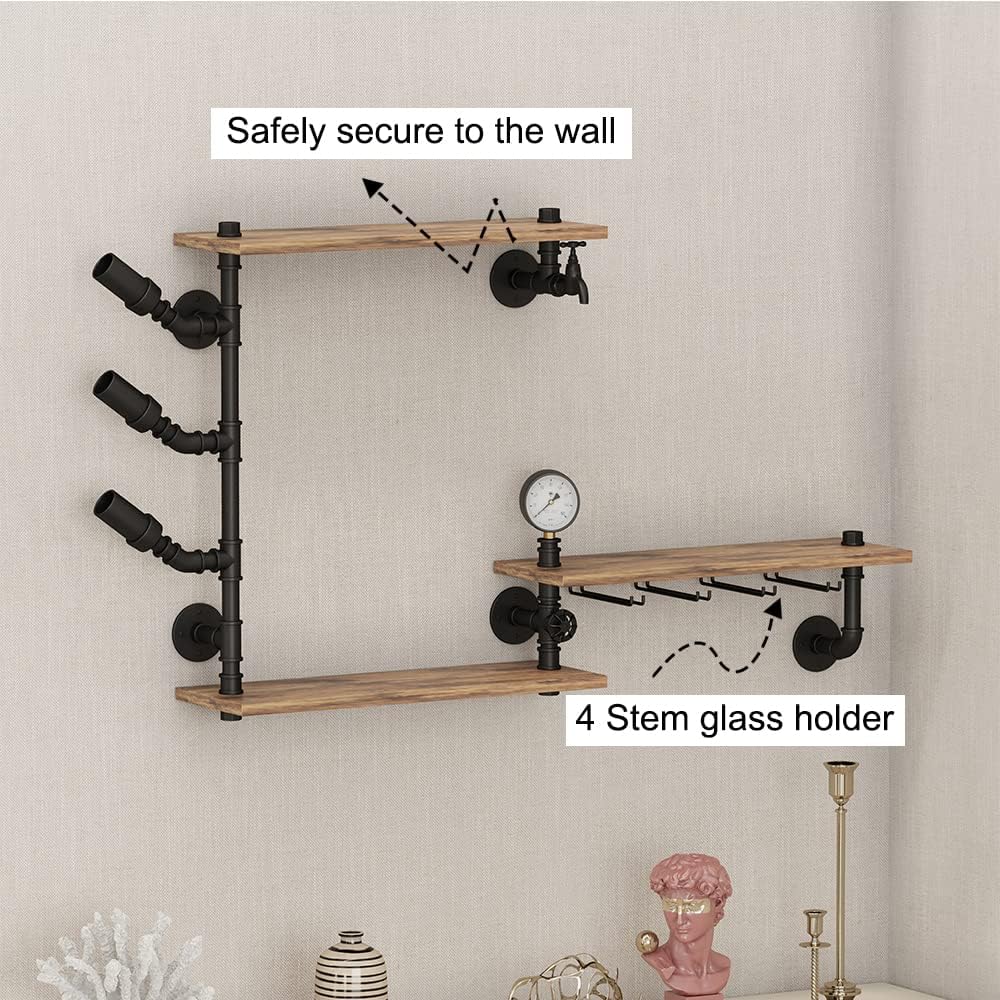 3 Tier Industrial Wall Wine Rack, 46in Floating Bar Liquor Shelves with 4 Stem Glass Holder, Pipe Shelf Shelving Wine Glass Rack, Wine Rack Wall Mounted Living Room Kitchen Decor, Black